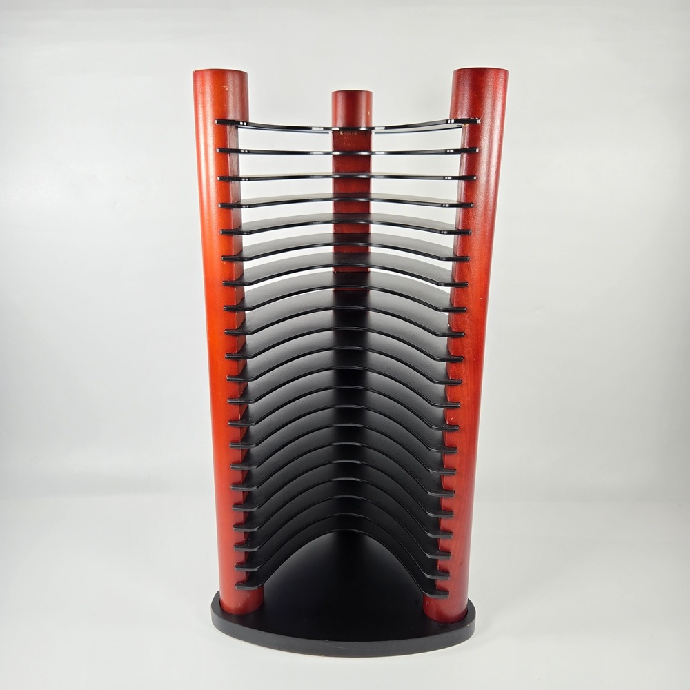 Vintage Y2K Black Acrylic Cherry Color Wood CD Storage Tower Rack 20 Slot Media